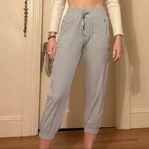 Grey athletic joggers. Lightweight and versatile.